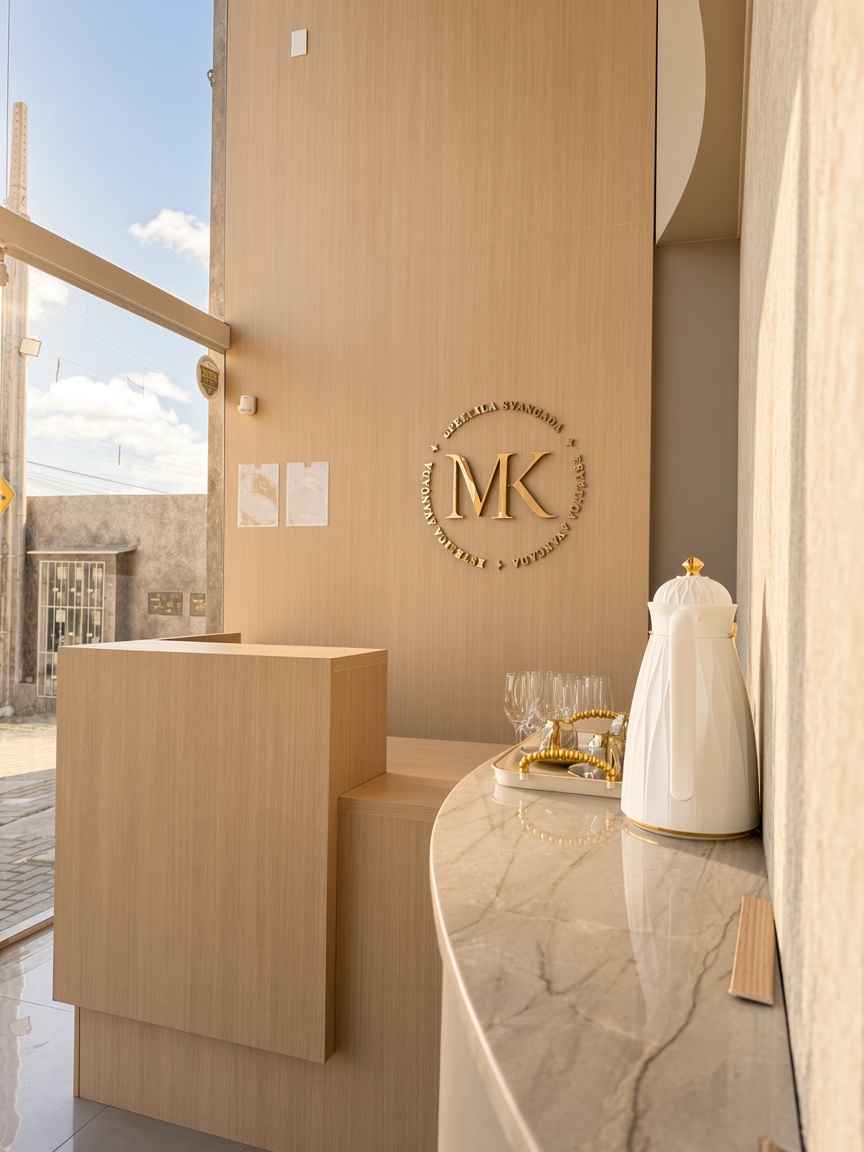 Recepção da MK Estética Avançada: selo MK em brass na parede de madeira e balcão de mármore com garrafa térmica dourada
